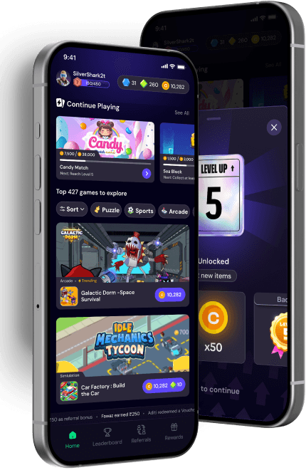 Two phones showcasing the CashPlay app interface, one showing the game library and the other showing a level up screen.